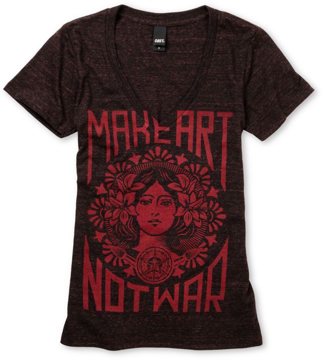 Obey Girls Make Art Not War Dark Red Heather V-Neck Tee Shirt