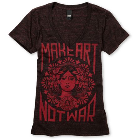 Obey Girls Make Art Not War Dark Red Heather V-Neck Tee Shirt