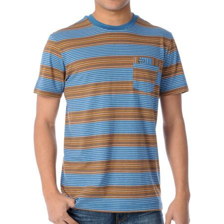 RVCA Burner Blue & Brown Stripe Knit Crew Neck Tee Shirt