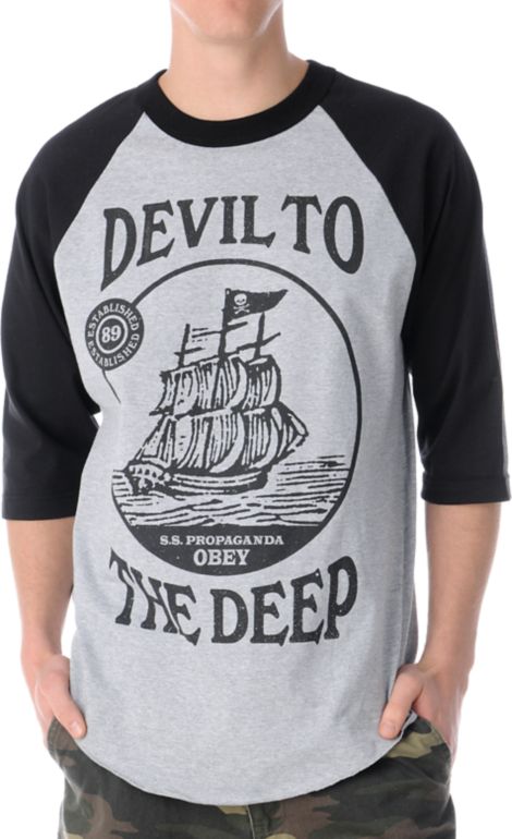 Obey Devil to the Deep Black & Grey Baseball Tee Shirt