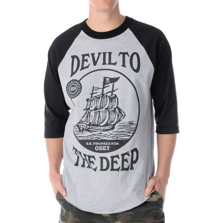 Obey Devil to the Deep Black & Grey Baseball Tee Shirt