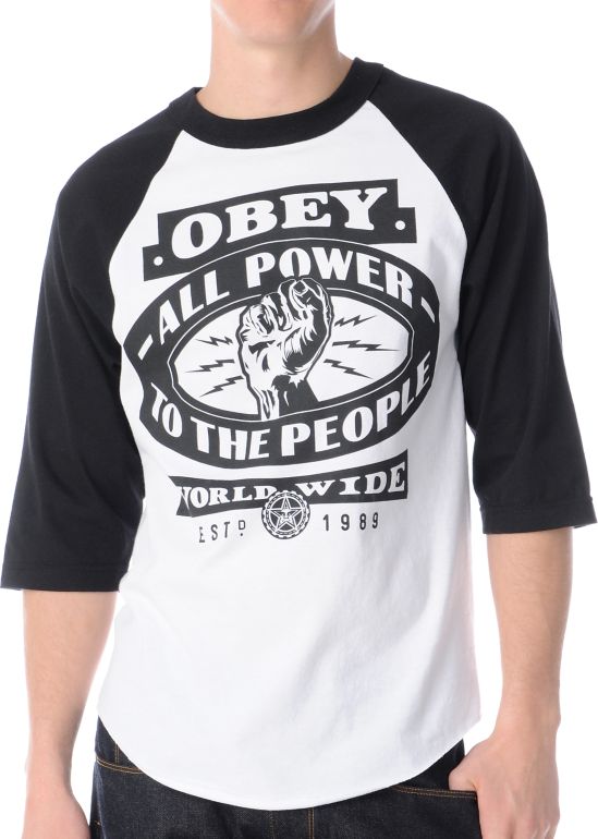 Obey All Power To The People Black & White Baseball Tee Shirt