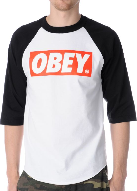 Obey Bar Logo White & Black Baseball Tee Shirt