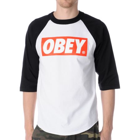 Obey Bar Logo White & Black Baseball Tee Shirt