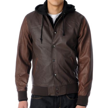 Obey Varsity Brown Faux Leather Hooded Bomber Jacket