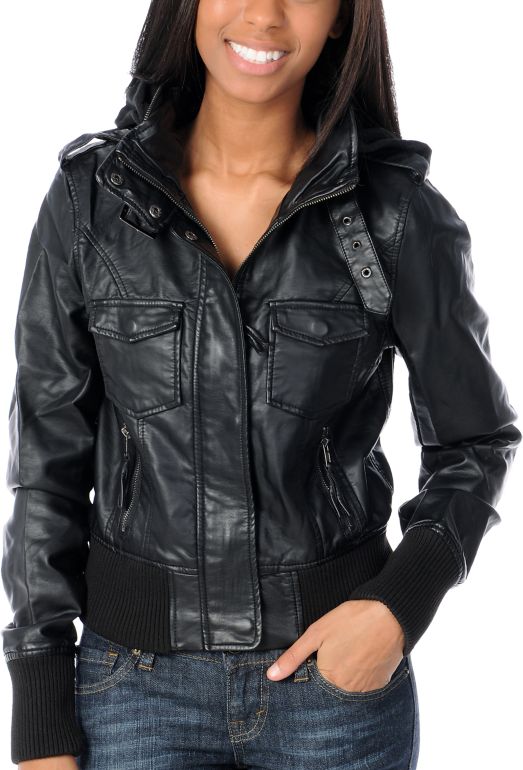 Thread and Supply Girls Black Faux Leather Knit Hood Jacket