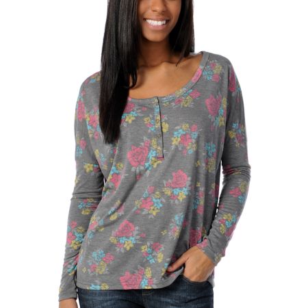 Billabong Go Getter Girls Grey Floral Henley Long Sleeve Shirt
