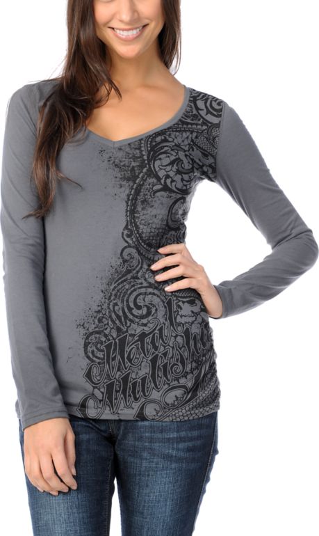 Metal Mulisha Girls Nix Six Charcoal V-Neck Top