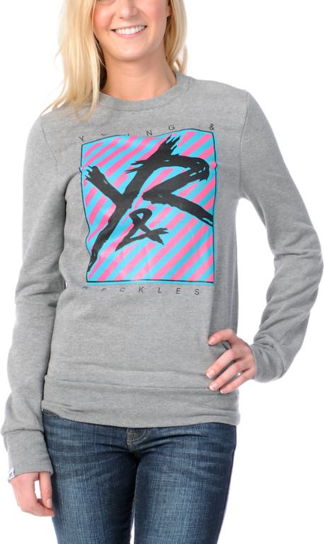 Young & Reckless Girls Slanted Lines Grey Crew Neck Sweatshirt