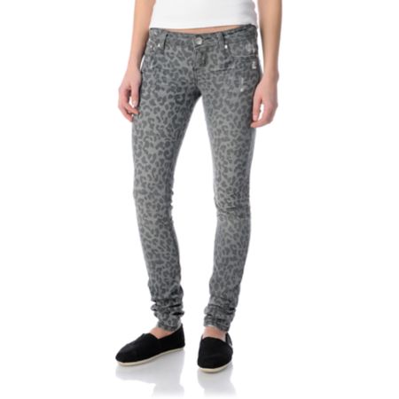 Almost Famous Sasha Girls Grey Leopard Print Super Skinny Jeans