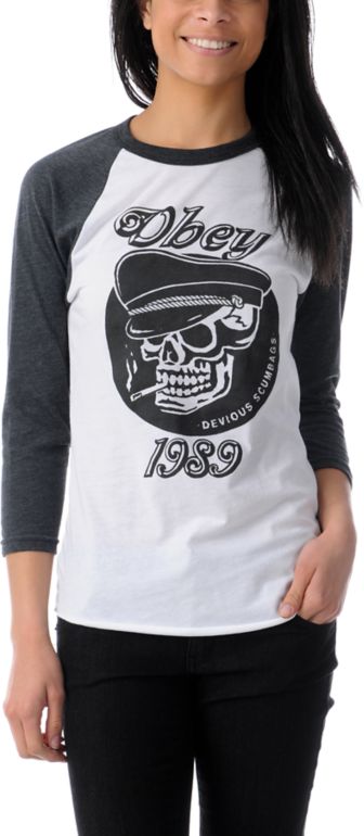 Obey Girls Devious Scumbag White Baseball Tee Shirt