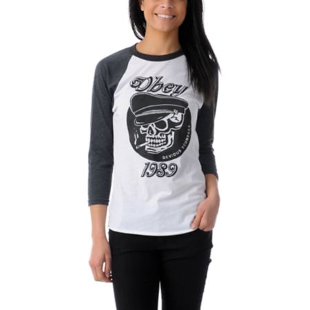 Obey Girls Devious Scumbag White Baseball Tee Shirt