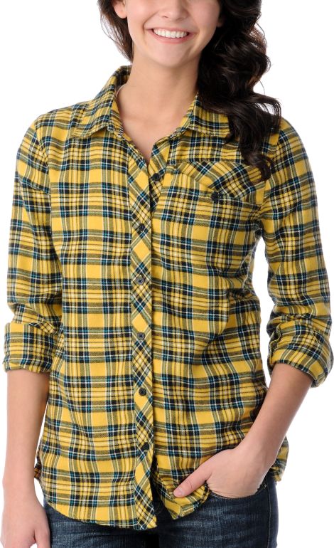 Volcom Girls Nova Cane Yellow Plaid Long Sleeve Button Up