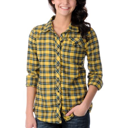 Volcom Girls Nova Cane Yellow Plaid Long Sleeve Button Up