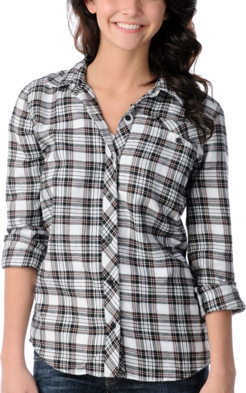 Volcom Girls Nova Cane White Plaid Long Sleeve Button Up