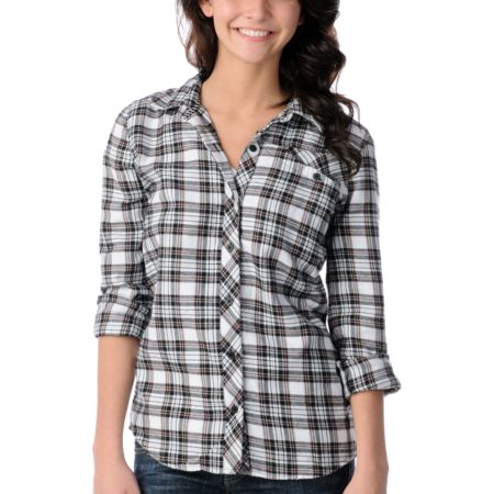 Volcom Girls Nova Cane White Plaid Long Sleeve Button Up
