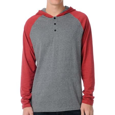 Dravus Defense Grey & Red Hooded Henley Baseball Shirt