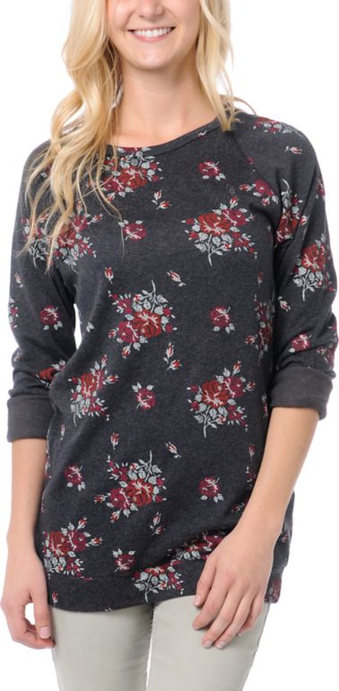Obey Girls Echo Mountain Navy Floral Print Crew Neck Sweatshirt
