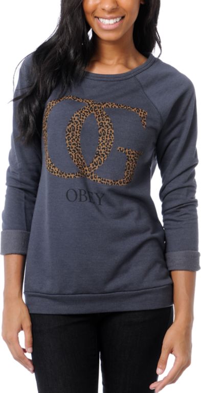 Obey Girls OG Leopard Navy Crew Neck Sweatshirt