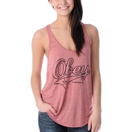 Obey Girls Script Heather Red Mock Twist Tank Top