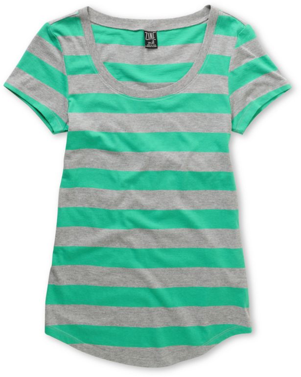 Zine Girls Green & Grey Stripe Scoop Neck Tee Shirt