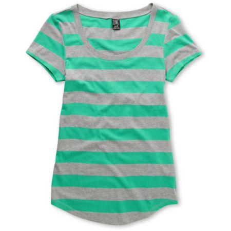 Zine Girls Green & Grey Stripe Scoop Neck Tee Shirt