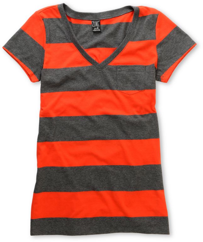 Zine Girls Fire Red & Charcoal Rugby Stripe V-Neck Tee Shirt