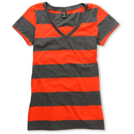 Zine Girls Fire Red & Charcoal Rugby Stripe V-Neck Tee Shirt