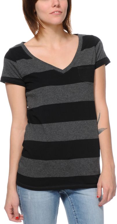 Zine Girls Black & Charcoal Rugby Stripe V-Neck Tee Shirt