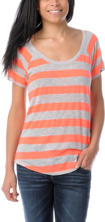 Ralik Wham! Neon Coral Striped Tee Shirt