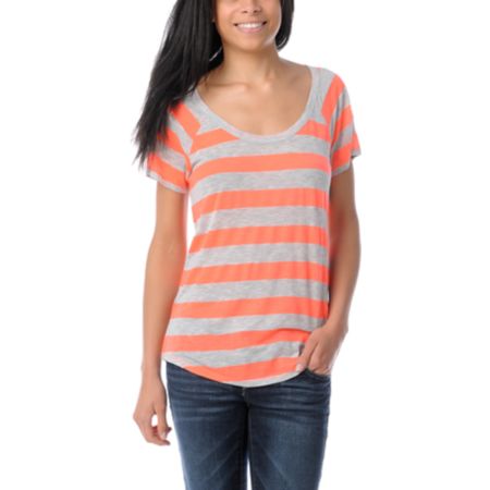 Ralik Wham! Neon Coral Striped Tee Shirt