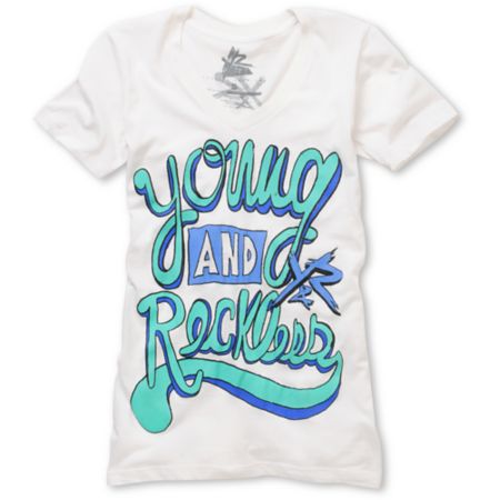 Young & Reckless Cursive White V-Neck Tee Shirt