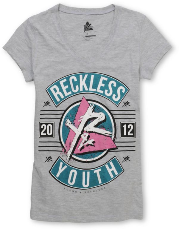 Young & Reckless Girls Bulls Eye Grey V-Neck Tee Shirt