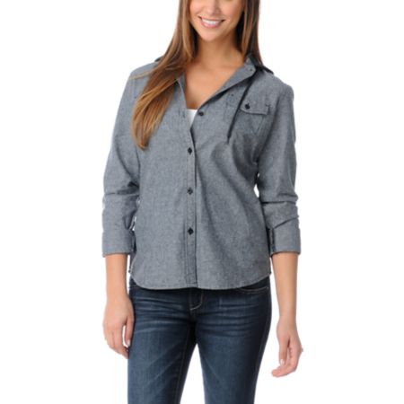 Empyre Girls Conifer Black Chambray Hooded Flannel Shirt