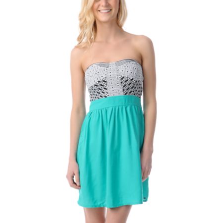 ONeill Wild Tribe Black, White, & Teal Strapless Dress