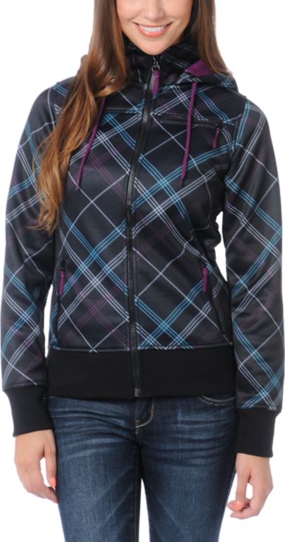 Empyre Girls Timber Black & Purple Plaid Full Zip Tech Fleece Jacket