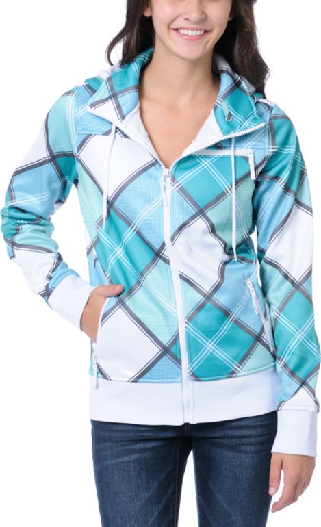 Empyre Girls Timber White & Teal Plaid Tech Fleece Jacket