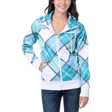 Empyre Girls Timber White & Teal Plaid Tech Fleece Jacket