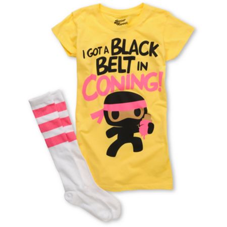 Bitter Sweet Black Belt Girls Yellow Tee Shirt & Sock Pack
