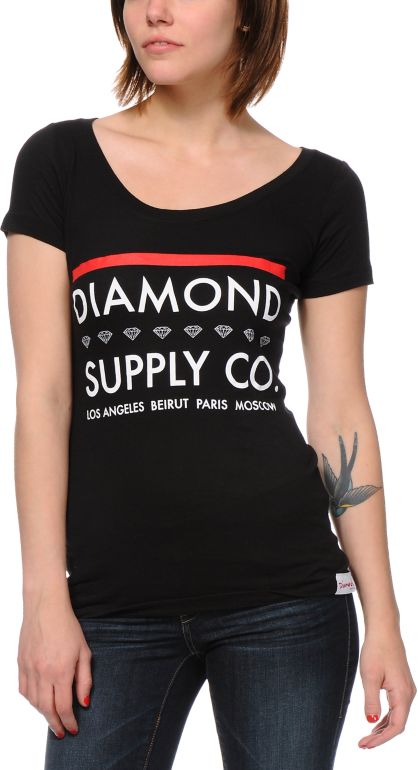 Diamond Supply Girls Roots Black Scoop Neck Tee Shirt