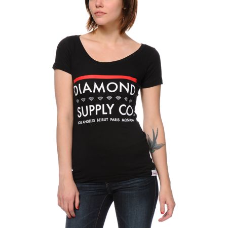Diamond Supply Girls Roots Black Scoop Neck Tee Shirt