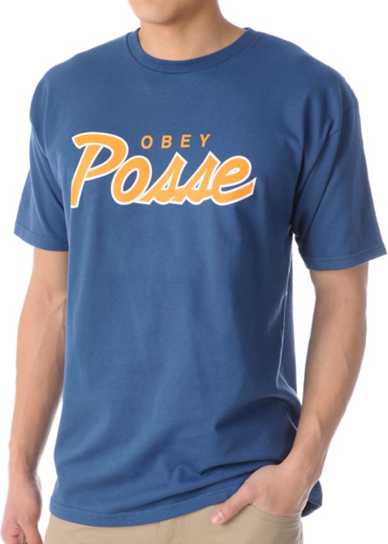 Obey Posse Script Marine Blue Tee Shirt