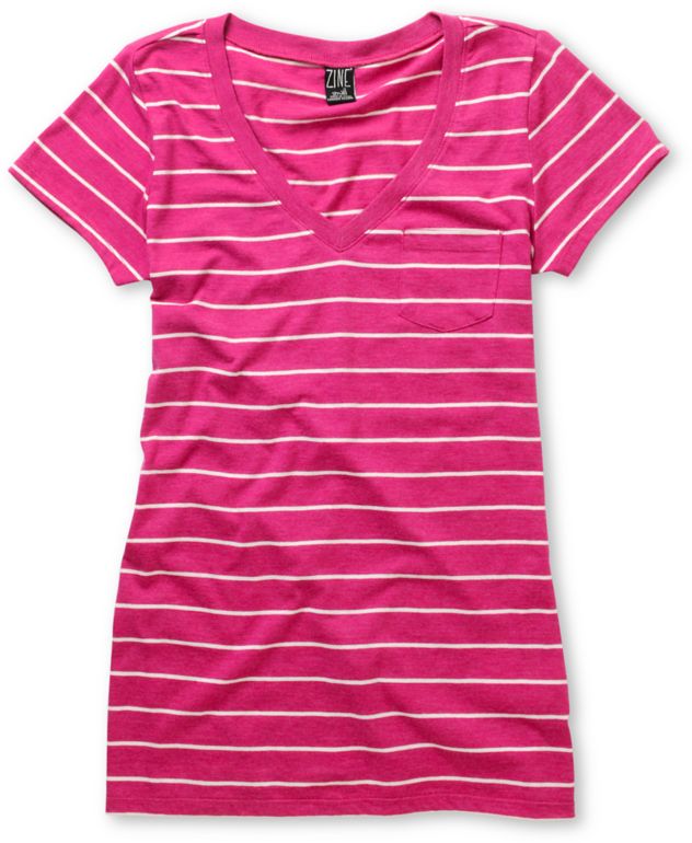 Zine Girls Iris Pink & White Striped V-Neck Tee Shirt