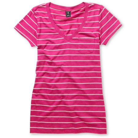 Zine Girls Iris Pink & White Striped V-Neck Tee Shirt