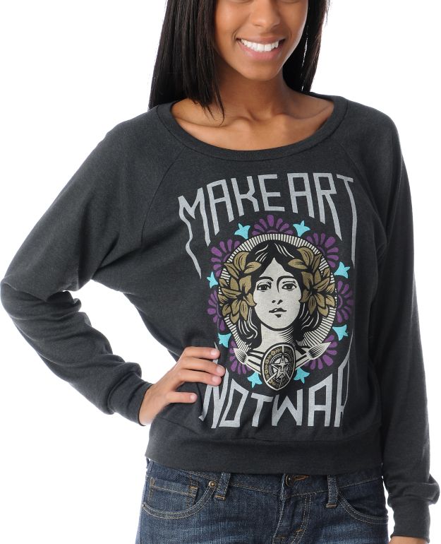 Obey Girls Make Art Not War Charcoal Raglan Boyfriend Top