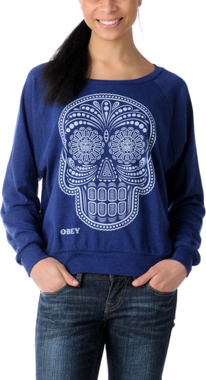 Obey Girls Day of the Dead Navy Raglan Boyfriend Top