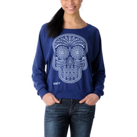 Obey Girls Day of the Dead Navy Raglan Boyfriend Top