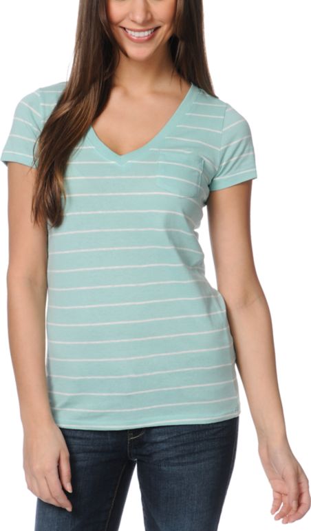 Zine Girls Pastel Green & White Striped V-Neck Tee Shirt