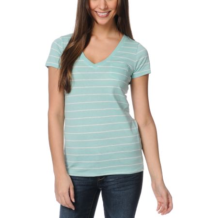 Zine Girls Pastel Green & White Striped V-Neck Tee Shirt