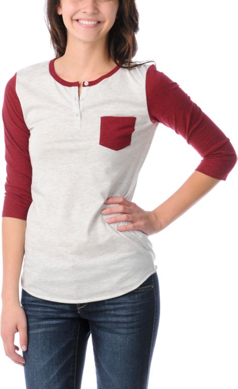 Zine Girls Henley Oatmeal & Red Baseball Tee Shirt